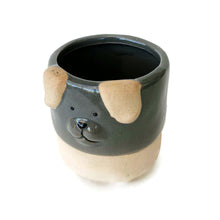 Load image into Gallery viewer, Ceramic dog planter with grey face and beige bottom and ears. Succulent planter for dog lovers.