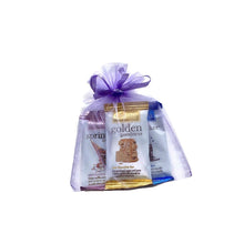 Load image into Gallery viewer, 3 chocolate mini bars in purple organza bag. Flavors included are golden goodness, firecracker and sprinkle dreams.